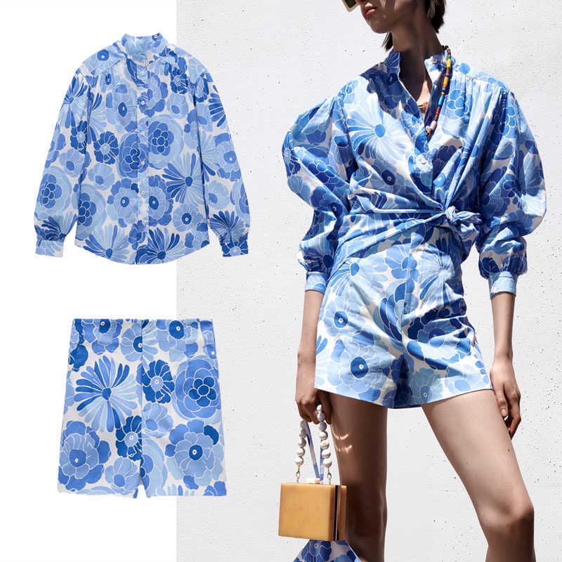 

ZA Blue Floral Print Summer Shirt Women Vintage Long Sleeve Asymmetric Blouse Woman Fashion Button Up Loose Tops Mujer 210602
