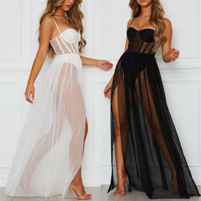 

One-Piece Suits Sexy 2021 Women Perspective Mesh Gauze Sleeveless Swimsuit Backless Party Long Maxi Dress 2Pcs Holiday Beachwear