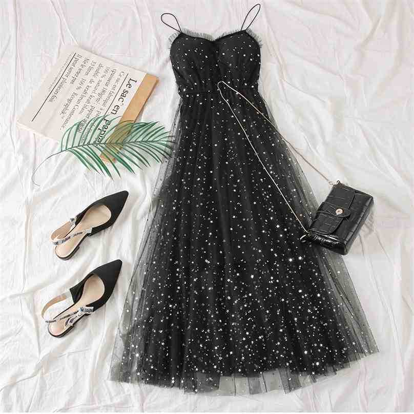 

Women Sweet Mesh Dress Summer Sexy V Neck Shining Star Sequins Prom-dresses Elegant Laides Tulle Vestidos Mujer 210525, Black