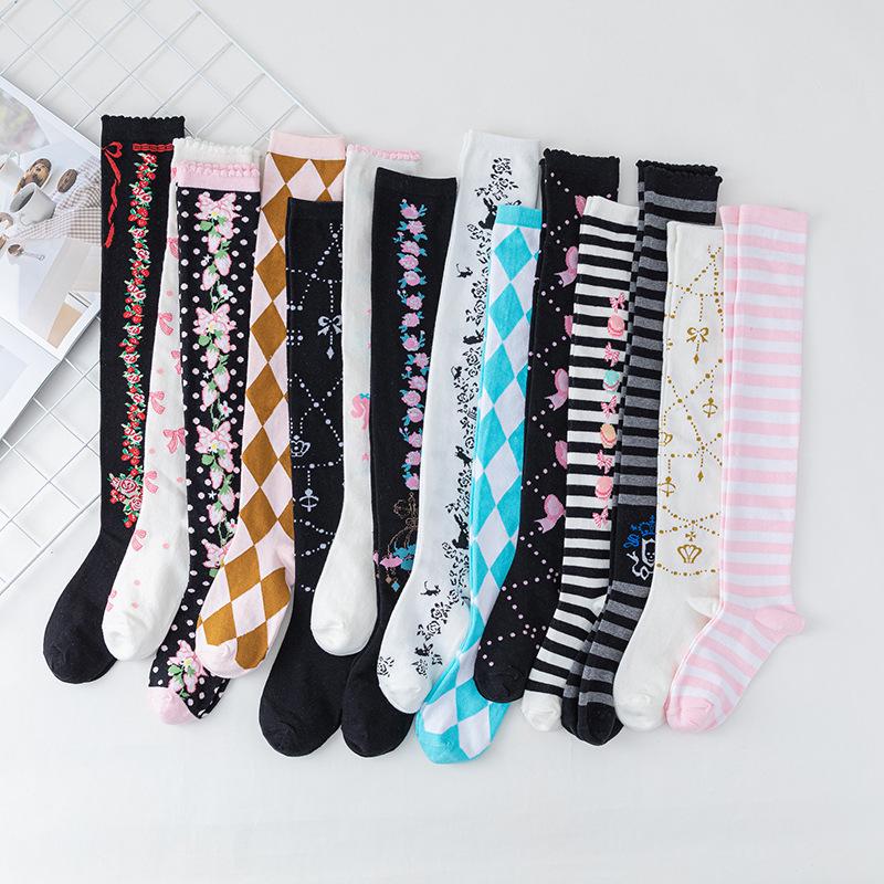 

Socks & Hosiery Women Flower Printed Stockings Casual Polyester Thigh High Over Knee Girls Womens Female Long Sock Lolita, Black;white