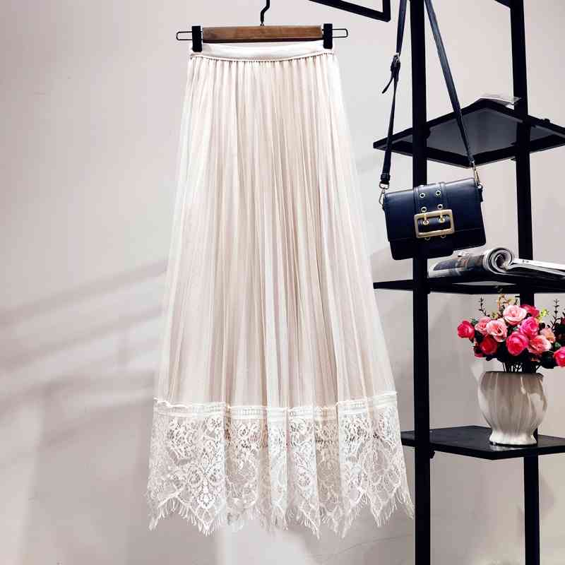 

WERUERUYU Women solid mesh pleated midi skirt vintage strethy waist office ladies elegant chic skirts 210608, Dark grey