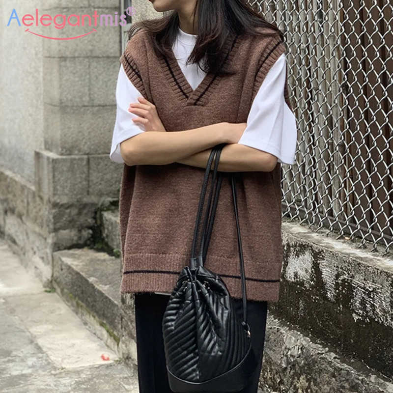 

Aelegantmis Knit Oversize Sweater Women Vest Vintage Boyfriend BF Casual Students Sleeveless Coat Waistcoat Korean Jumper 210607, Black