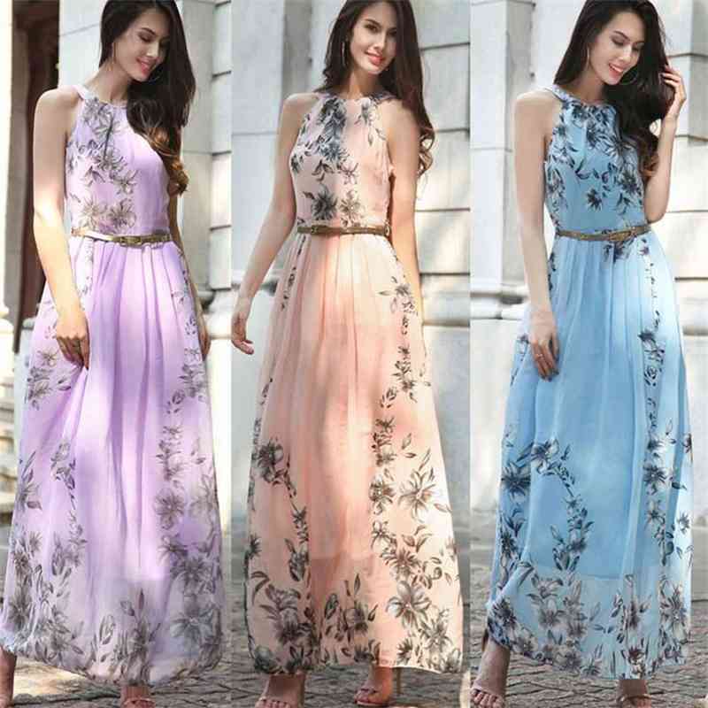 

Spring and summer women' new Chiffon print dress long Holiday Beach skirt, Pink