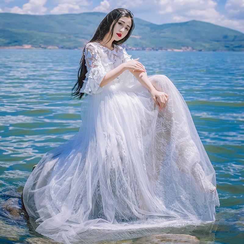 

Casual Dresses High Quaity 2021 Fashion Women Dress Butterfly Embroidered Flare Sleeves Lace Long Party Vestidos Mujer Robe Femme, White