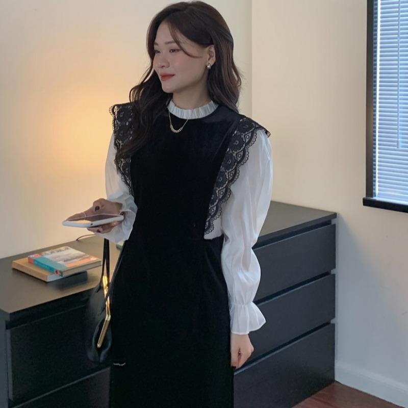 

Casual Dresses Hit Patchwork Retro Autumn Fake Two Piece Temperament Lace Crocheted Puff Sleeve Velvet Dress Stand Full Vestido Mujer Slim, Black;gray