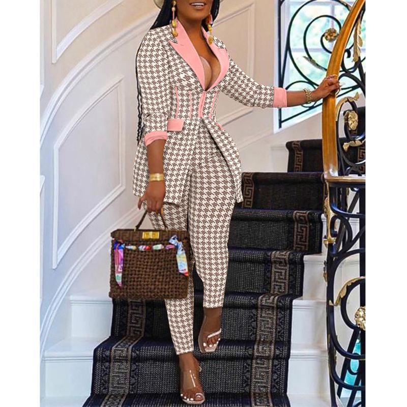 

Women' Two Piece Pants 2022 Femme Formal Jacket &amp Trousers Office Lady Outfits Autumn Women Pieces Set Houndstooth Blazer Coat & Suit, Pink