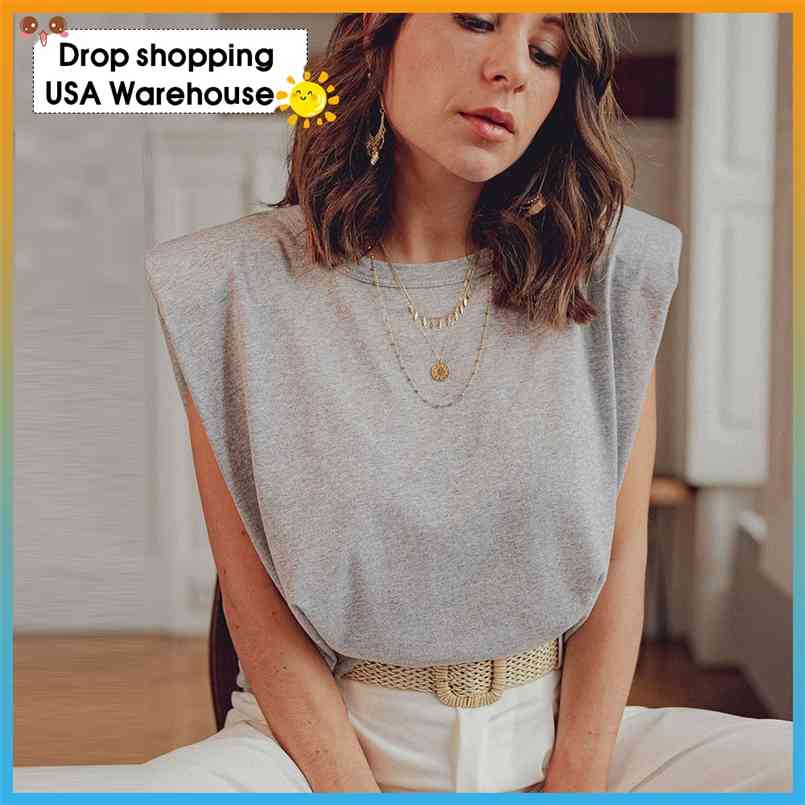 

Sleeveless Pure Color Striped Shoulder Pad T-shirt Cotton Padded Korean Women T-Shirt O-Neck Solid Female 210708, Dark brown