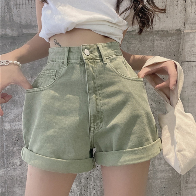 

Women' Shorts High waist shorts female summer thin section loose wild denim wide leg pants retro curled sexy SISQ, Green