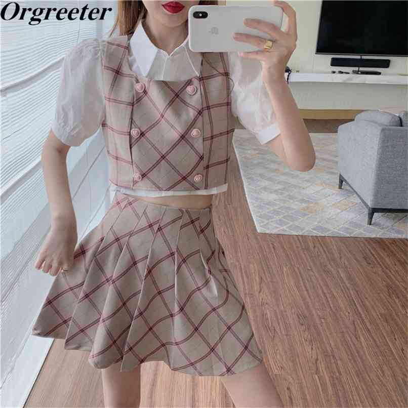 

Summer Preppy style Sweet Puff sleeve Short Shirt +Love Button Vest +High waist Pleated Plaid Skirts 2/3 Piece set Women 210602, 2 piece set