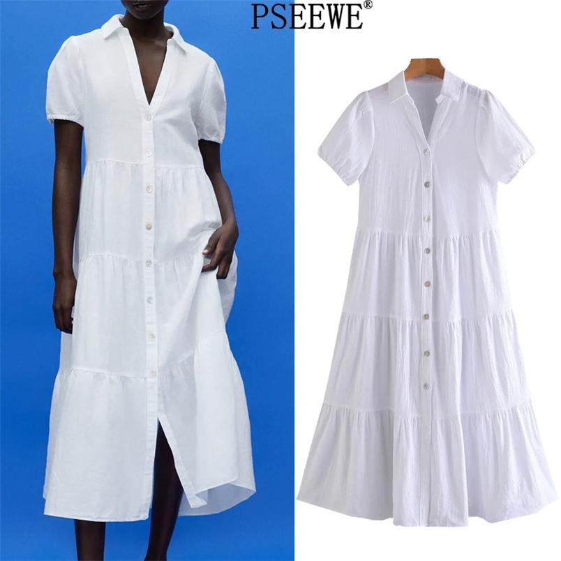 

Ruffle White Woman Long Summer Dress Fashion Short Puff Sleeve Midi Shirt Women Button Loose Casual es 210519