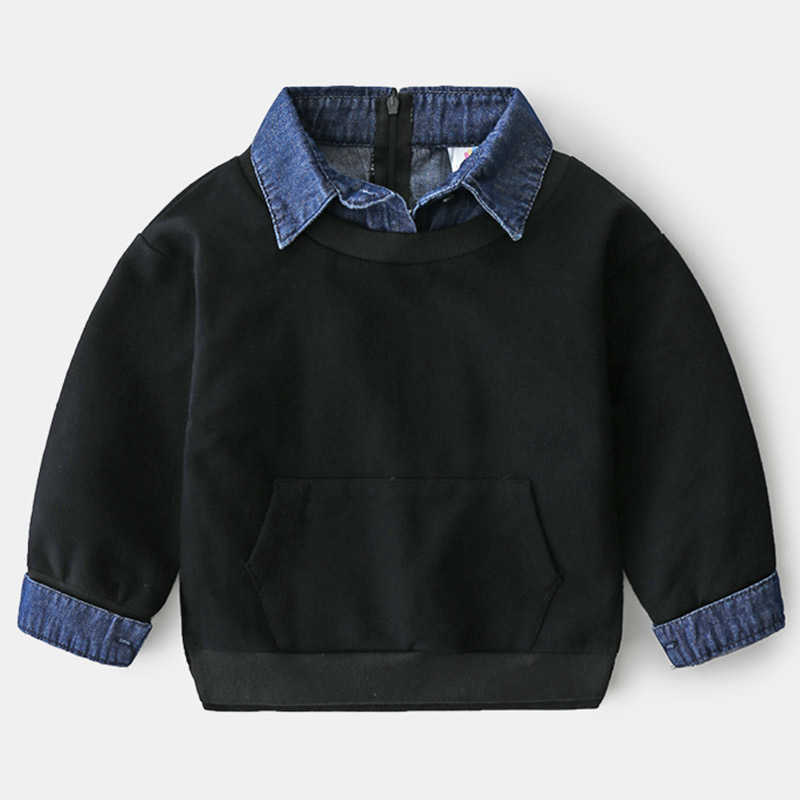 

Spring Autumn Design 2 3 4 5 6 7 8 9 10 12 Years Children Turn-down Collar Denim Patchwork Sweatshirt For Kids Baby Boy 210701, Black