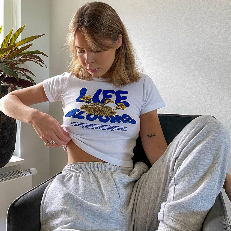 

Woman clothes Retro white short letter print short-sleeved T shirt women' slim summer Club Wear crop Kawaii top