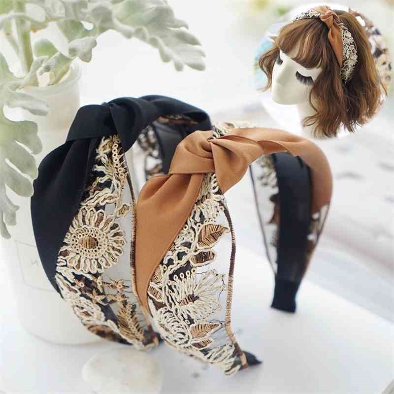 

embroidered style Design celebrity fabric knotted female out toothed anti-skid wide edge compression hair hoop
