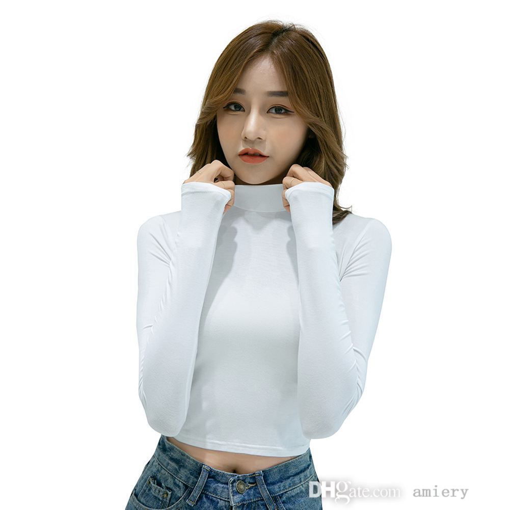 

Women Modal Pullover T-shirt Half High Collar Bottomed Shirt Long Sleeve Foreign Style Versatile Shirts For Autumn And Winter, White (short style)