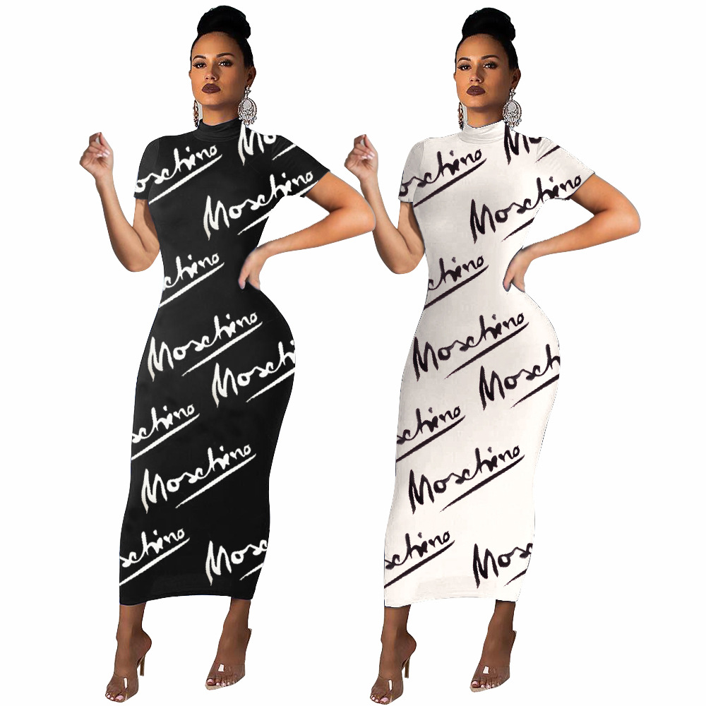 

Solid Color Fashion Letter Printting Round Neck Short Sleeve Women Maxi Dress Office Lady Casual Clothes, Black