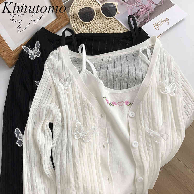 

Kimutomo Summer Women Suit Lace Three-dimensional Bow Single Button Knitted Cardigan Embroidery Sling Two Piece Set 210521, Black