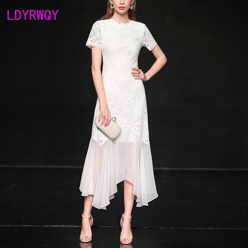 

White lace long temperament slim slimming chiffon dres's summer 210603