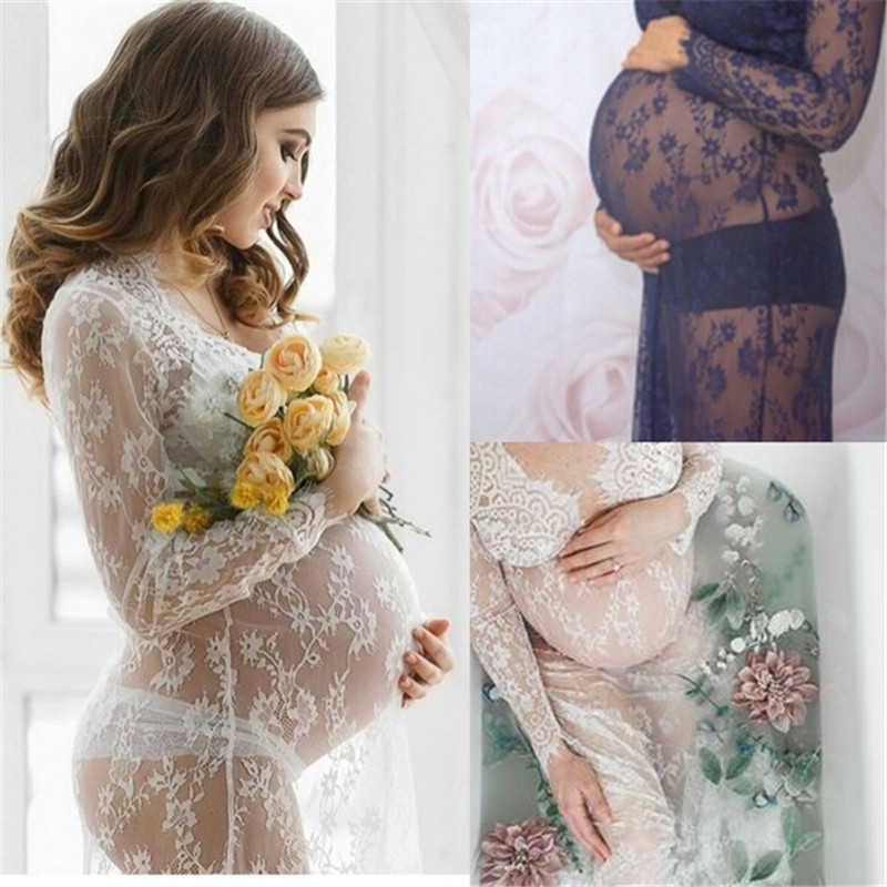Maternity Dresses For Photo Shoot Women Pregnancy Lace Dress Photography Props Sexy Long Sleeve Maxi Maternity Gown Vestidos Q0713-image-714130790