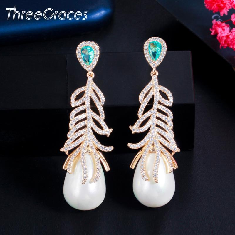 

Dangle & Chandelier ThreeGraces Gorgeous Cubic Zirconia Wedding Party Jewelry Vintage Long Simulated Pearl Drop Earrings For Brides ER589, Silver