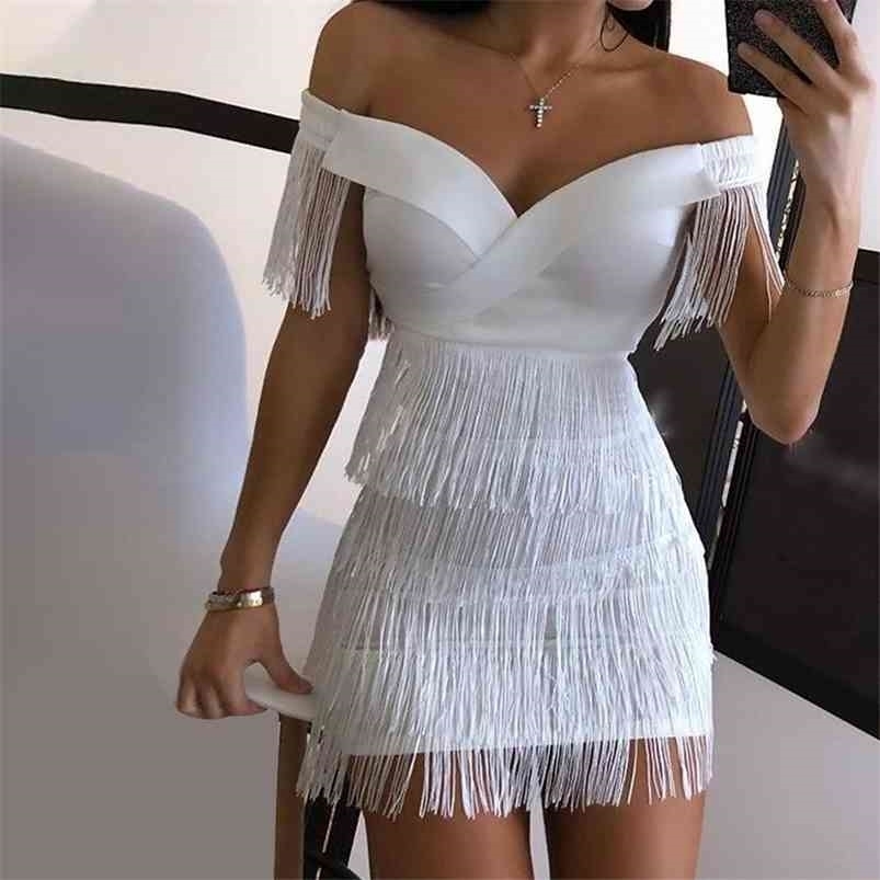 

Sexy Sleeveless Bodycon Mini Dres White Off Shoulder Tassel Female Short Dresses Summer Party Club Bandage Vestidos 210701, Black