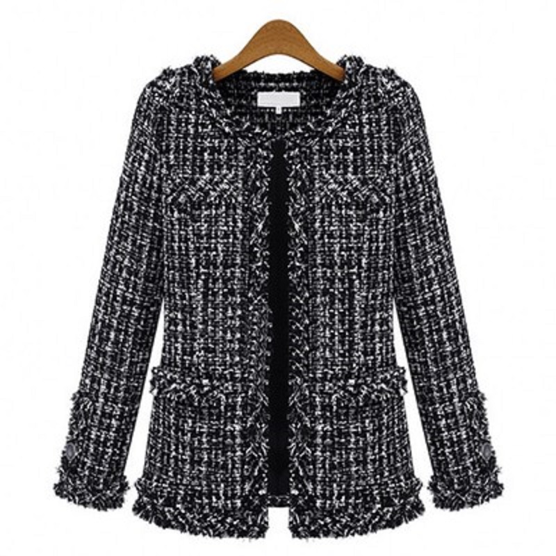 

Autumn winter coats women jacket Slim thin checkered tweed designer coat Large size casual O-neck Plaid Jackets with pocket loose outwear, Black