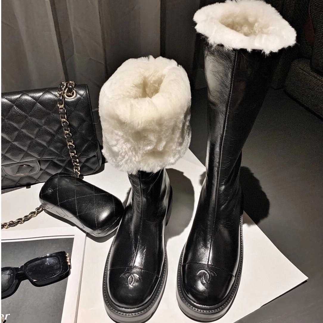 

Ladies boots High version C family small fragrance Plush Snow boot's leather round headed lamb wool Knight high tube boots, Black medium tube
