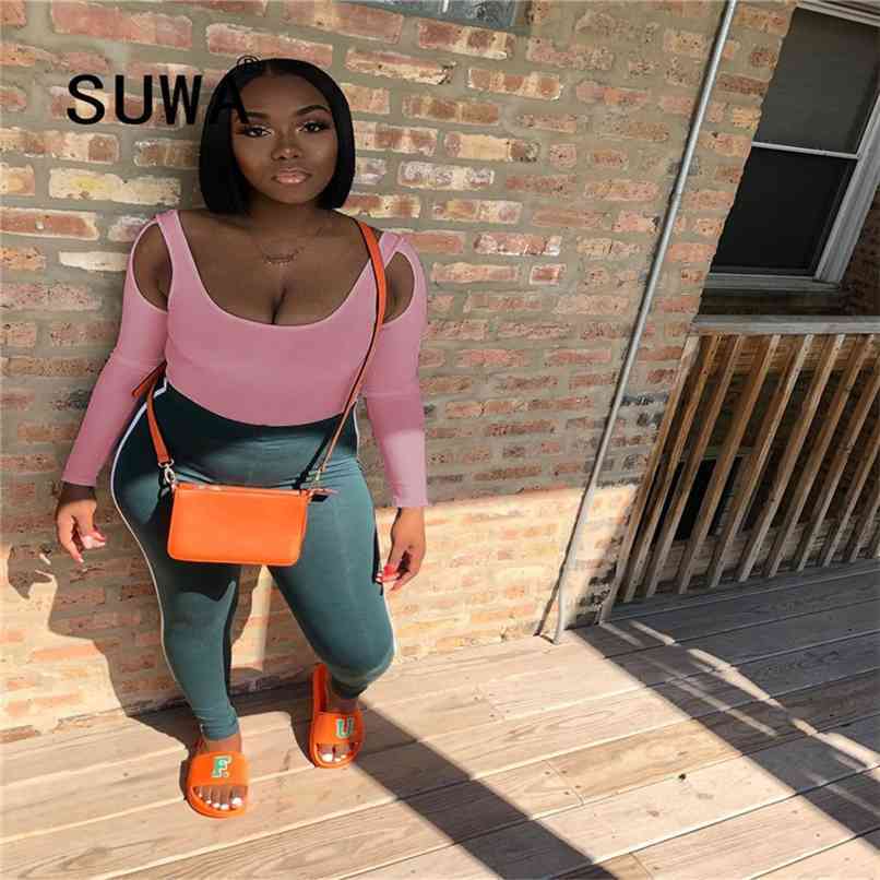 

Two Piece Pants Set Women Workout Clothes Off Shoulder Long Sleeve Slim-Fit Top Tunic High Waist Trousers Free 210525, Multi