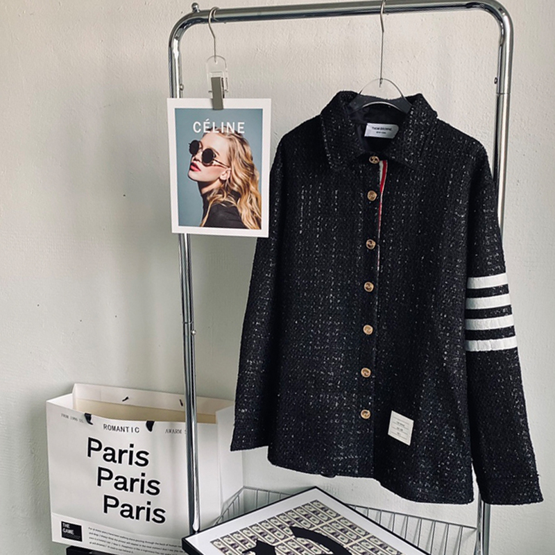 

21fw newTB Thom exclusive bright silk flash tweed classic four bar Lapel shirt coat bright silk flash boat anchor button sweater, White;black