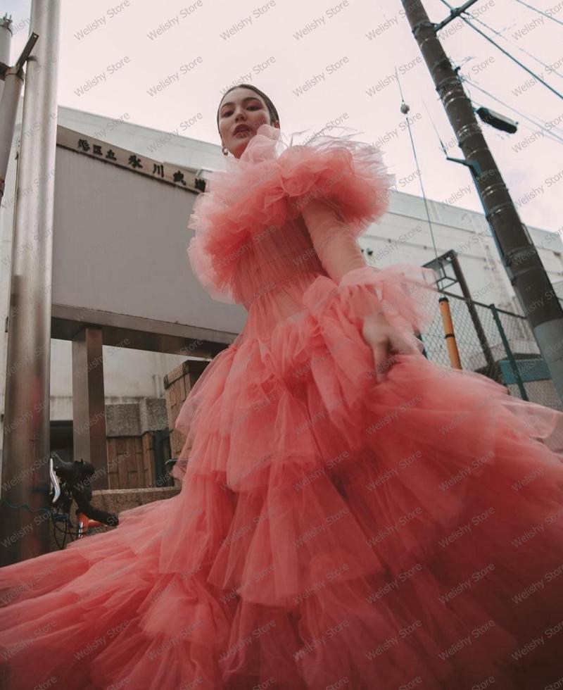 

Casual Dresses Fashion Coral Draped Tulle Extra Puffy Prom Gowns Elegant Long Formal Event Party For Women Ruffles Dress Robe, Beige