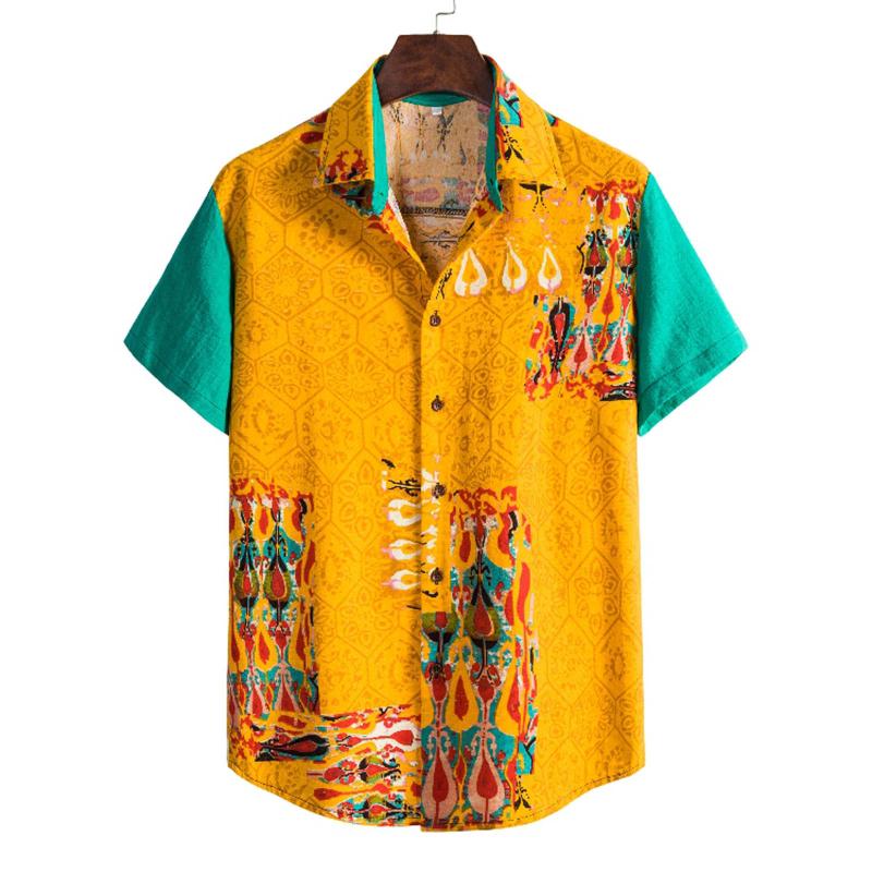 

Men's Casual Shirts Hawaiian Print Men Shirt Summer Short Sleeve For Cotton-linen Button Up Blouse Top Streetwear Chemise Homme, Yellow