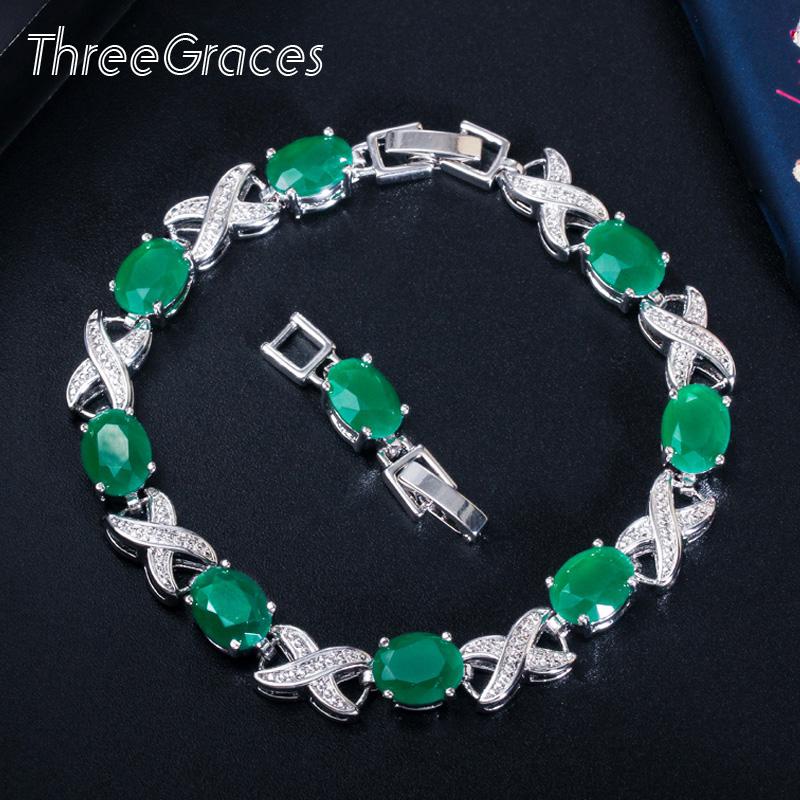 

Other Bracelets ThreeGraces Elegant 925 Sterling Silver Emerald Cross Oval Zircon Crystal Link Chain For Women Costume Jewelry BR114, Golden;silver