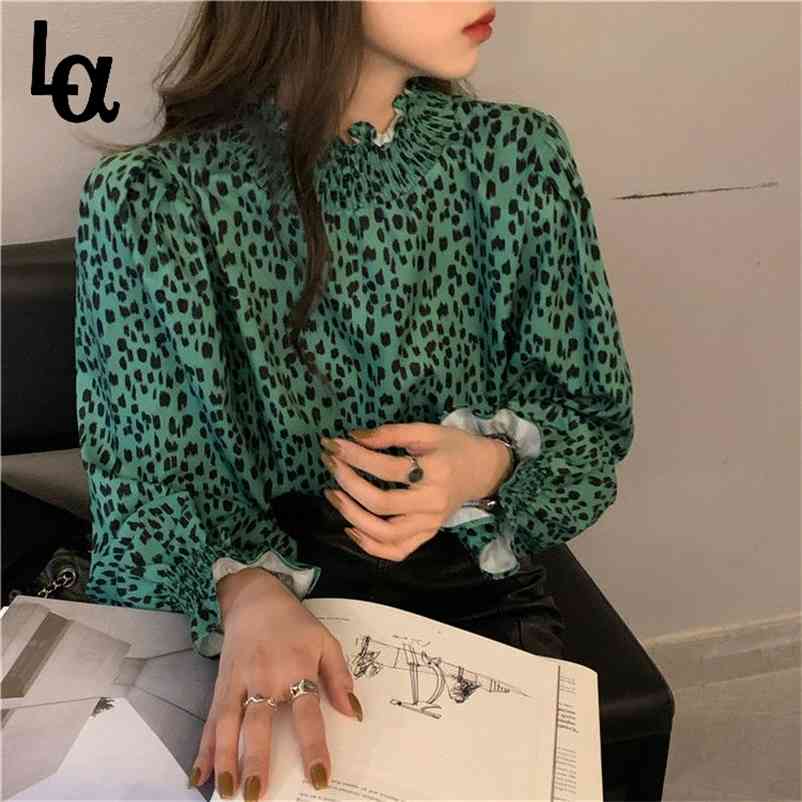 

Women Spring Elegant Green Leopard Long Sleeve Fashion Blouse Female Ruffle Print Vintage 210519, Dark green