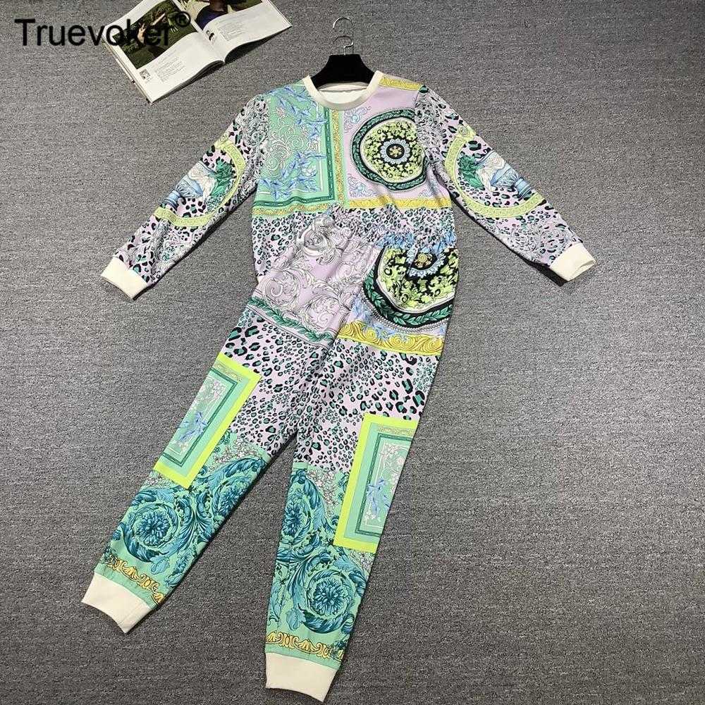 

Truevoker Autumn Runway Two Piece Suit's Full Sleeve Abstract Print Hoodies With Long Pant Casual Sets 210602, White