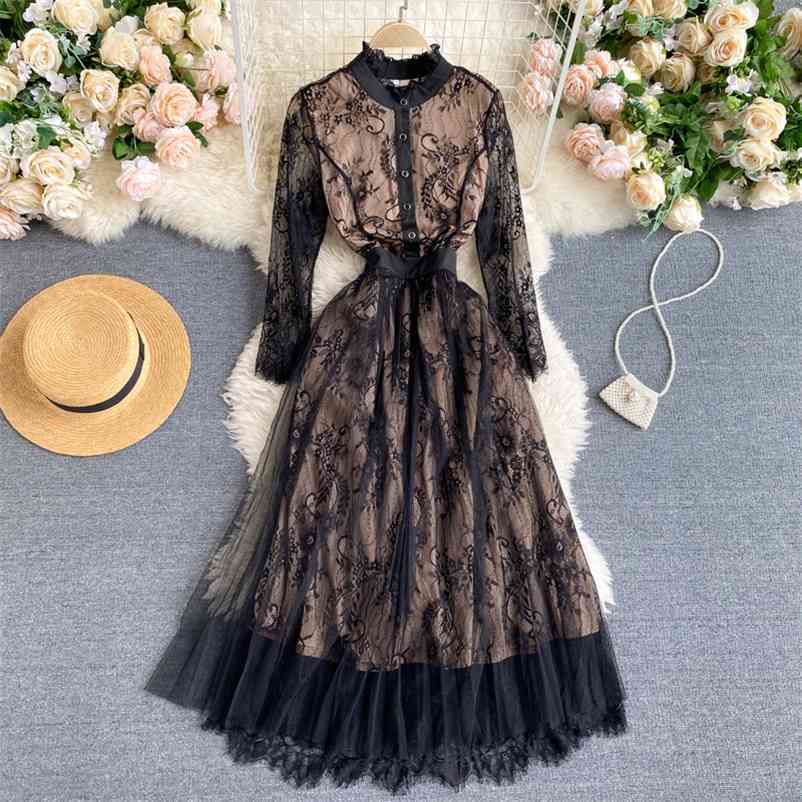 

Spring Arrivals Black Solid Color Round Collar Long Sleeve High Waist Mesh Hollow Out A-line Dress MZ637 210525