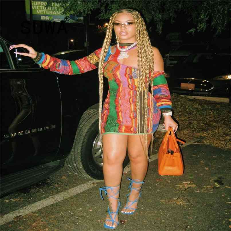 

Contrast Printed Off Shoulder Long Sleeve Dresses For Women Evening Party And Wedding Mini Bodycon Vestidos Spring Autumn Cloth 210525, Multi