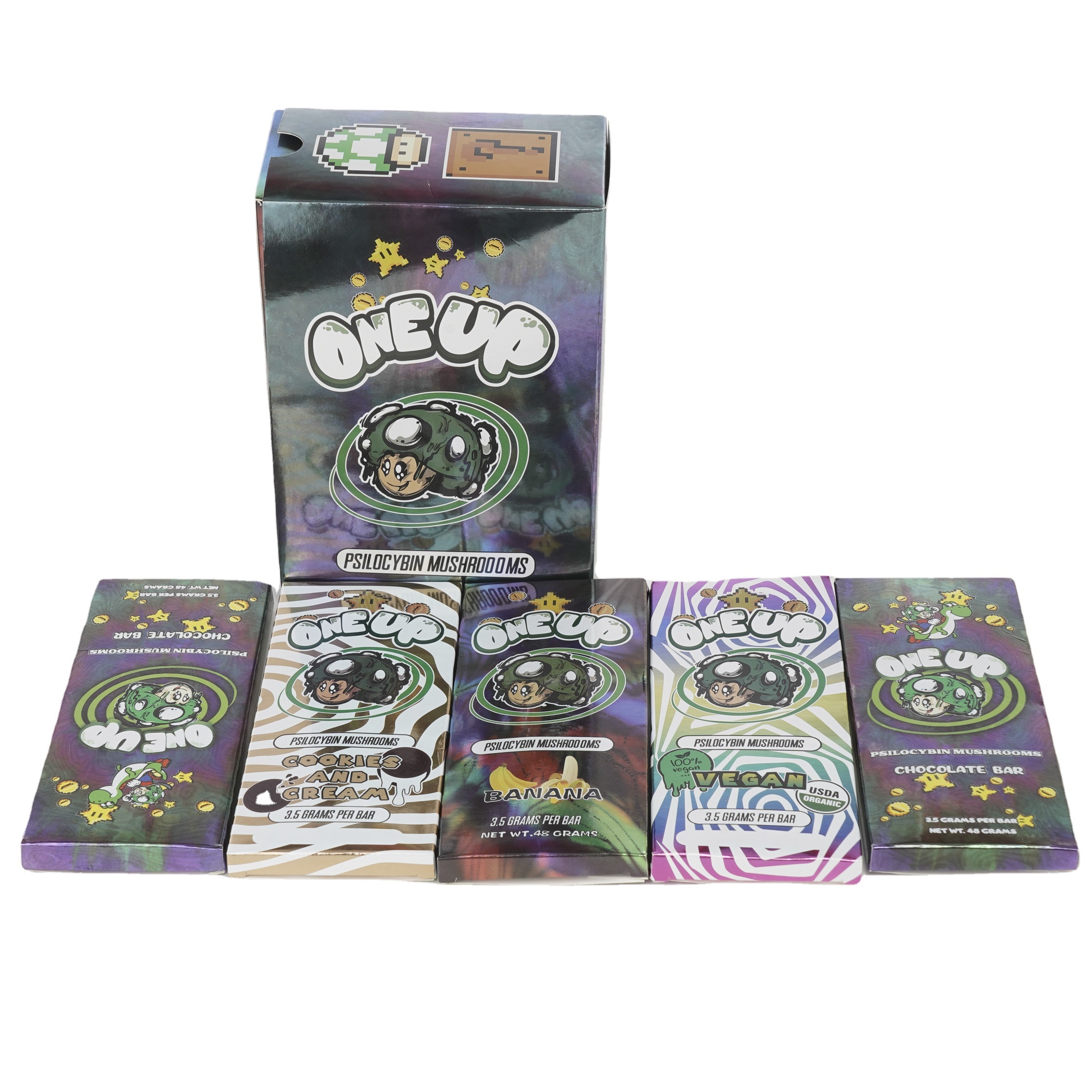 

One Up Chocolate Bar Packing Boxes 3.5 Grams Oneup Mushroom Packaging Pack Display Package Box Grapes Raspberry Strawberries Cookies and Cream 6 Strains with QR Code