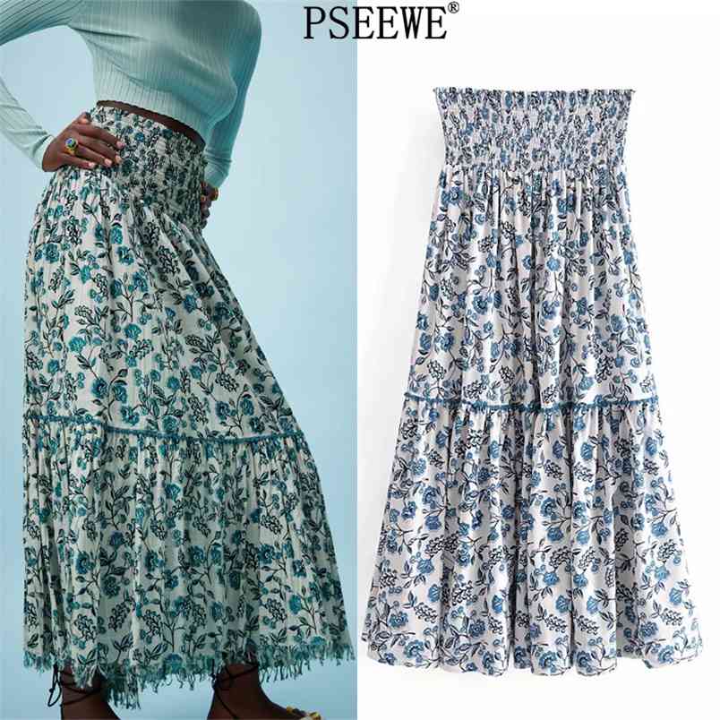 

Summer Woman Long Skirts Vintage Blue Floral High Waist Women Cottagecore Frayed Asymmetric Ruffle 210519