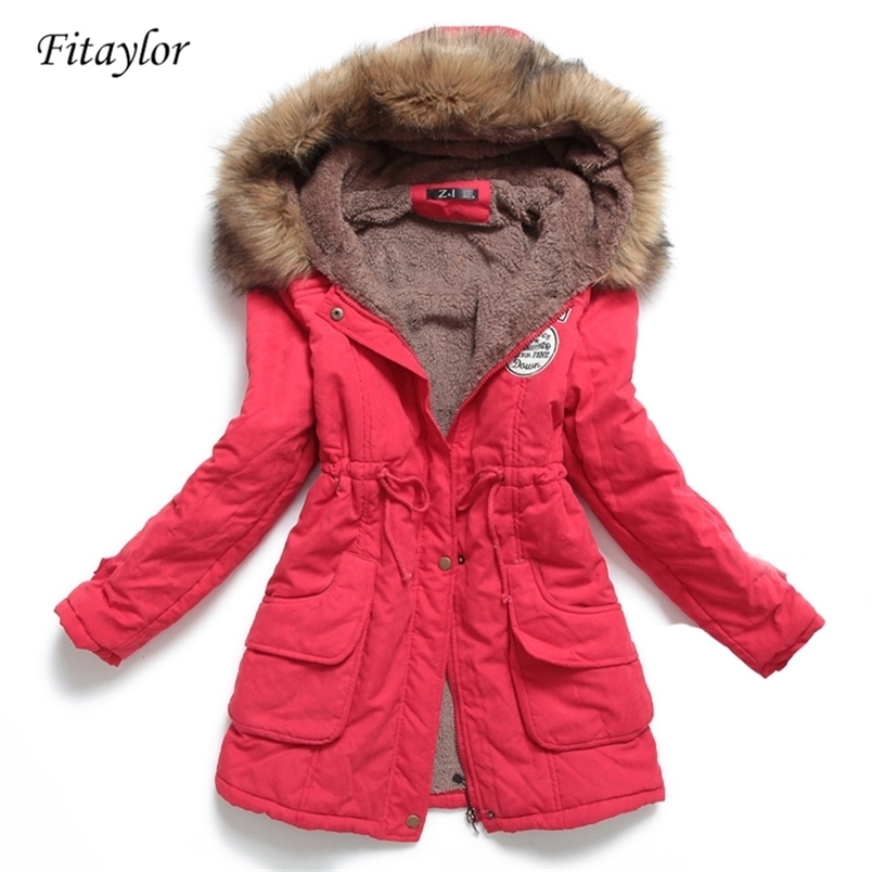 

Fitaylor Winter Women Jacket Medium-long Thicken Outwear Hooded Wadded Coat Slim Parka Cotton-padded Overcoat 211018, Bean green