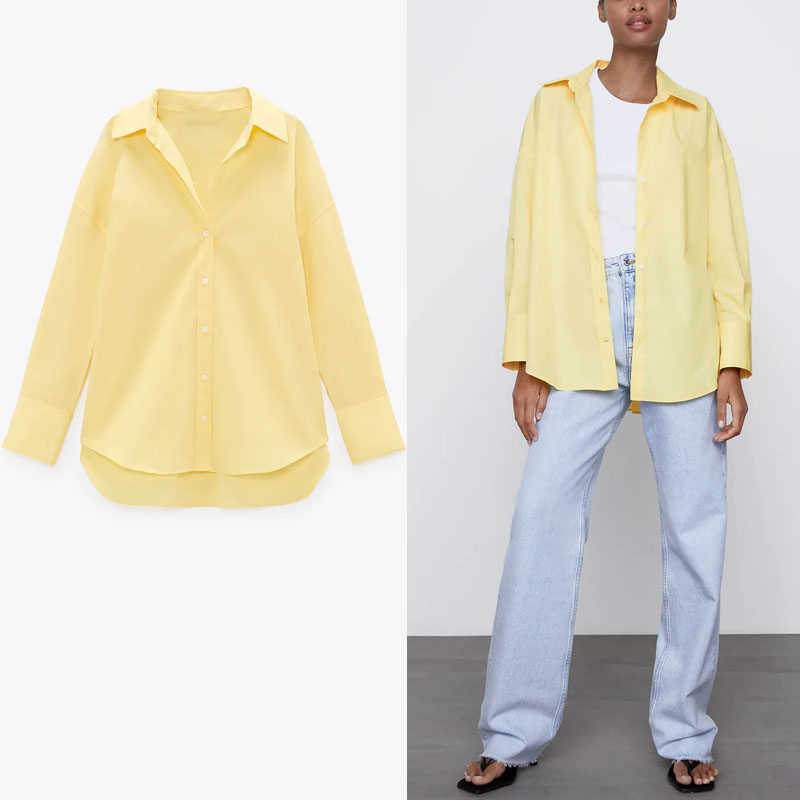 

ZA Spring Long Shirt Women Long Sleeve Blue Yellow Pink Poplin Shirts Woman Chic Button Up Asymmetric Loose Plus Size Top 210602