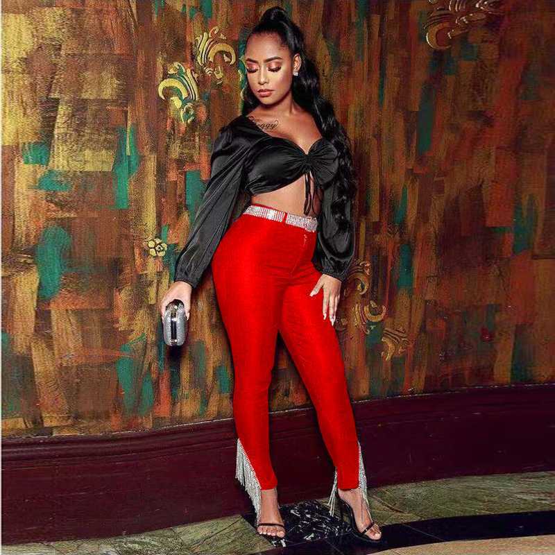 Women&#039;s Jumpsuits & Rompers Red Blue White Bandage Pants Fashion Tassel Classy Women Sexy Bodycon Solid Color Party Autumn Pant Clubwear Who-image-680945471