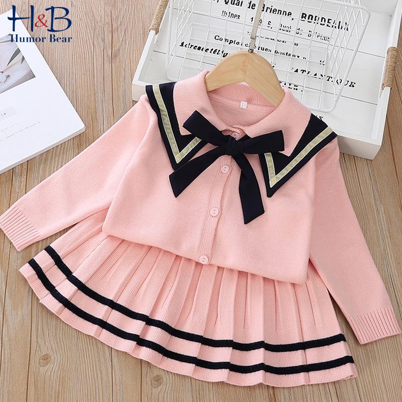 

Clothing Sets Humor Bear Girls' Autumn Lapel Collar Knit Cardigan+ Striped Printed Skirt 2Pcs Warm Kids Clothes, White