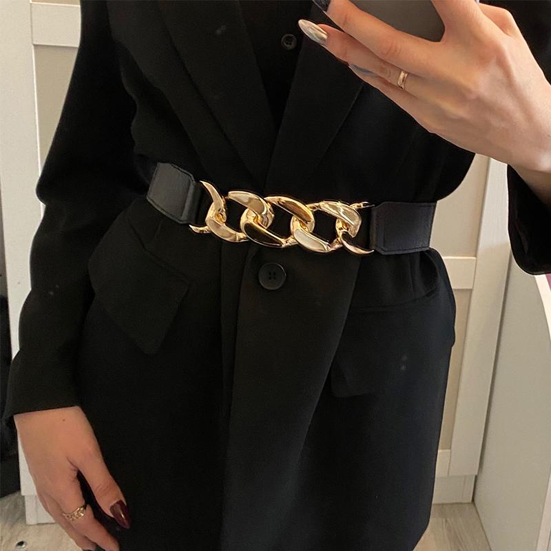 

Belts Gold Silver Chain Belt Elastic Metal Waist For Women Stretch Cummerbunds Ladies Coat Dress Waistband Ceiture Femme, Black;brown