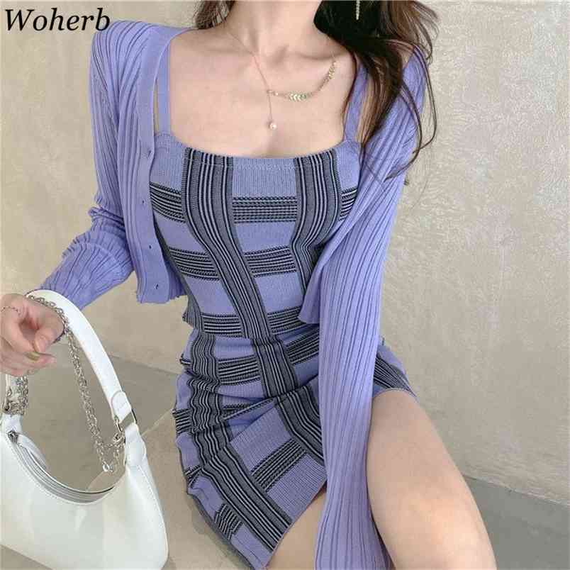 

Summer Knitted Two Piece Set Women Solid Cardigan Crop Top + Plaid Spaghetti Strap Bodycon Sweater Dress 2 Suits 210519, Red