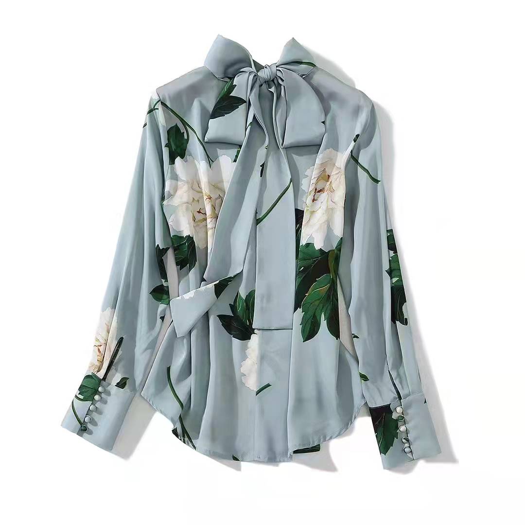 

European and American women' wear spring 2022 new Bow collar with long sleeves Fashion flower print Silk shirt, Blue
