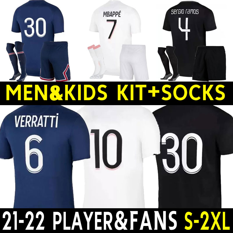 

MBAPPE HAKIMI SERGIO RAMOS WIJNALDUM soccer jerseys 21 22 23 psgs Maillots football shirt 2021 2022 training suit Kits sock Full sets player fans version kids shorts, Home