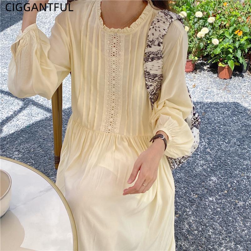 

Casual Dresses Korean Chic Temperament Gentle Lace Stitching Pleated Wood Ears Loose Long Sleeve Midi Holiday Dress Women White Clothes, Beige