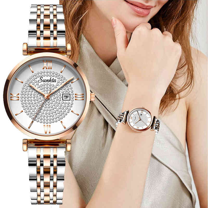 

SUNKTA Women Watches Top Brand Luxury Casual Dress Fashion Ladies Watch Stainless Steel Watch Women Gift Clocks relogio feminino 210517, White