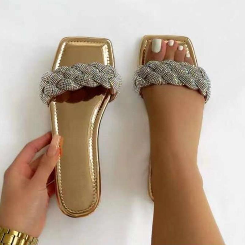 

Slippers Summer Rhinestone Flat Sandals Open Toe Solid Color Woman Outdoor Leisure Beach Shoes Plus Size, Black