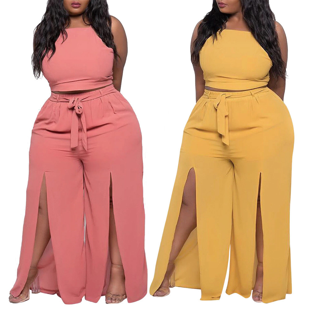 

XL-5XL Plus Size Two Piece Pant Suit Women Spaghetti Strap Backless Crop Top and Double High Split Wide Leg Pant Co Ord Outfit, White