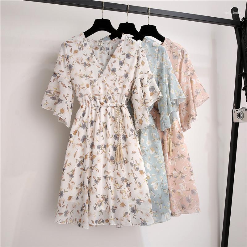 

Casual Dresses Summer Chiffon Dress Women Knee Length V-Neck Print Sweet Ruffle Sleeeve Slim College Students Dress1, Blue